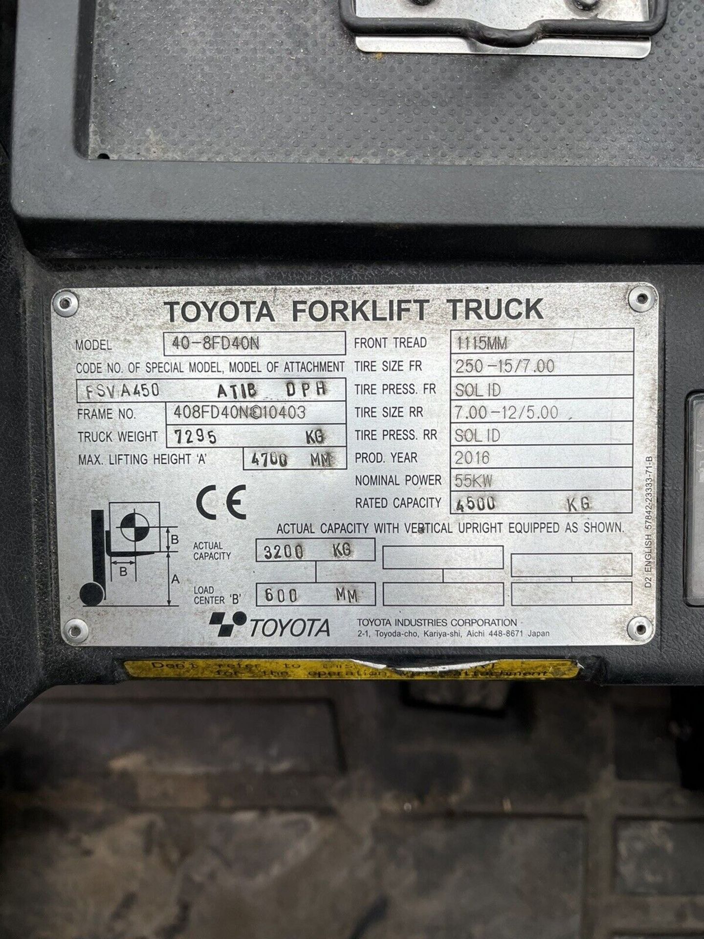 2016 Toyota 40-8FD40N 4 Tonne Diesel Forklift, 4.5 Tonne at 500 Load Center - Image 5 of 8