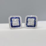 Exquisite pair of sapphire and diamond square panel earrings, with gift box