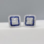 Exquisite pair of sapphire and diamond square panel earrings, with gift box