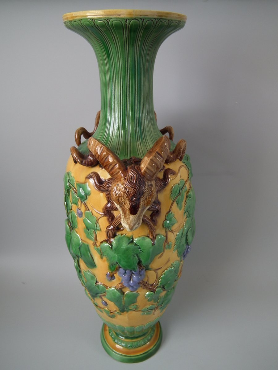 Large Victorian Minton Majolica Vase with Ram head Handles - Image 2 of 18