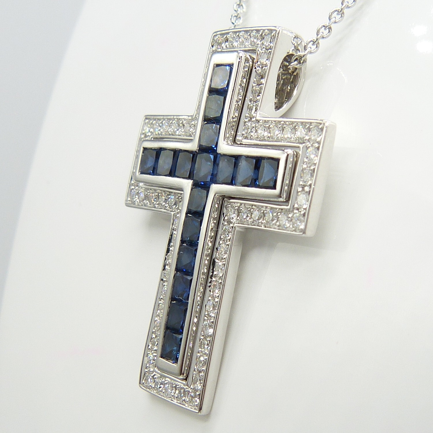 18ct white gold two-piece sapphire and diamond cross pendant with chain, boxed - Image 5 of 10