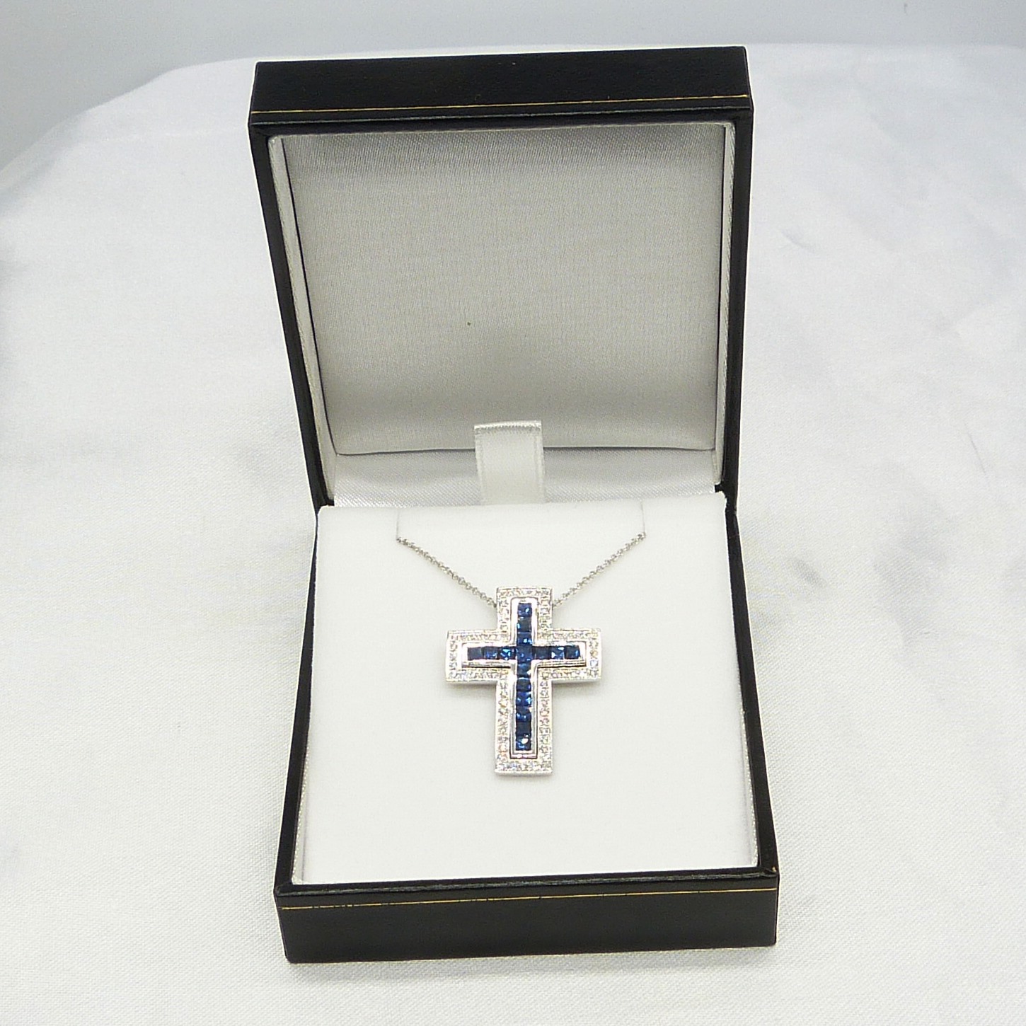 18ct white gold two-piece sapphire and diamond cross pendant with chain, boxed - Image 4 of 10