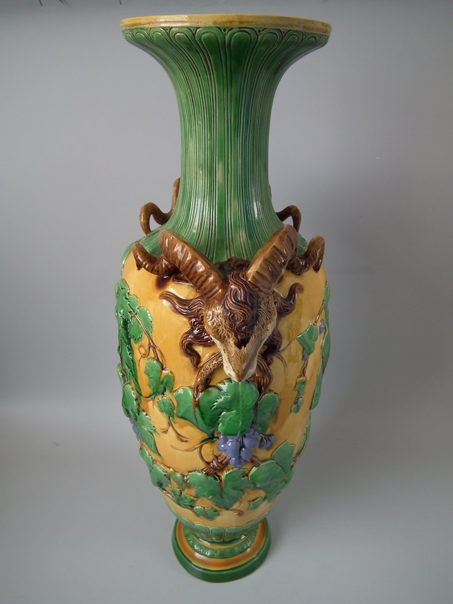 Large Victorian Minton Majolica Vase with Ram head Handles - Image 4 of 18