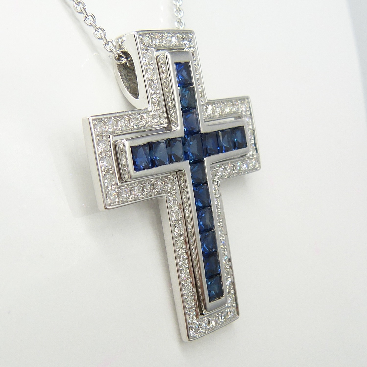 18ct white gold two-piece sapphire and diamond cross pendant with chain, boxed - Image 3 of 10