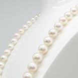Freshwater cultured pearl necklace with yellow gold ball clasp. Hand strung and knotted.