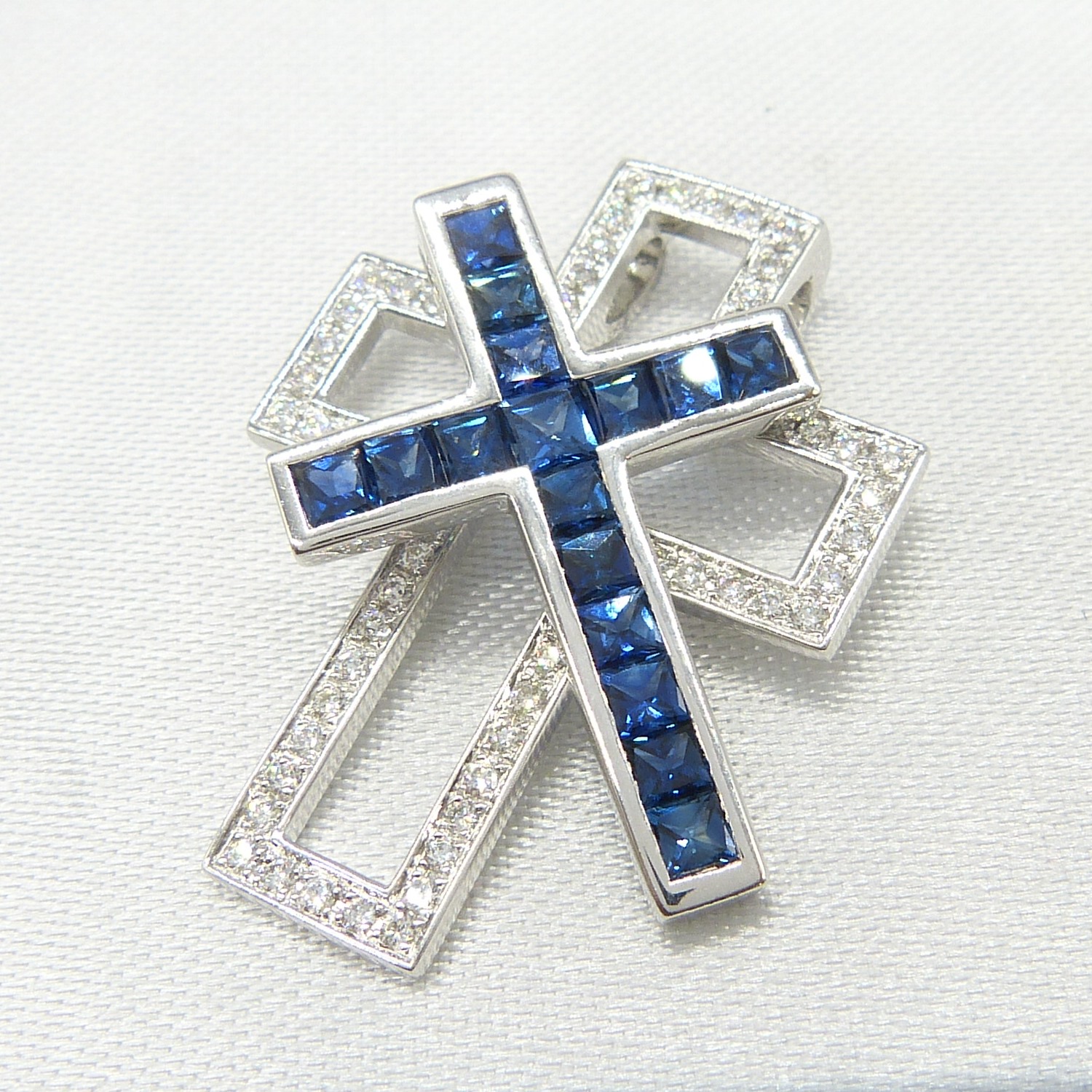 18ct white gold two-piece sapphire and diamond cross pendant with chain, boxed - Image 2 of 10