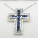 18ct white gold two-piece sapphire and diamond cross pendant with chain, boxed