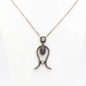 Vintage necklace with milligrain-style pendant set with ruby and diamonds