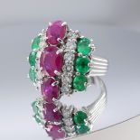 Unique platinum ruby, emerald and diamond large hexagonal cocktail ring