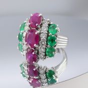 Unique platinum ruby, emerald and diamond large hexagonal cocktail ring