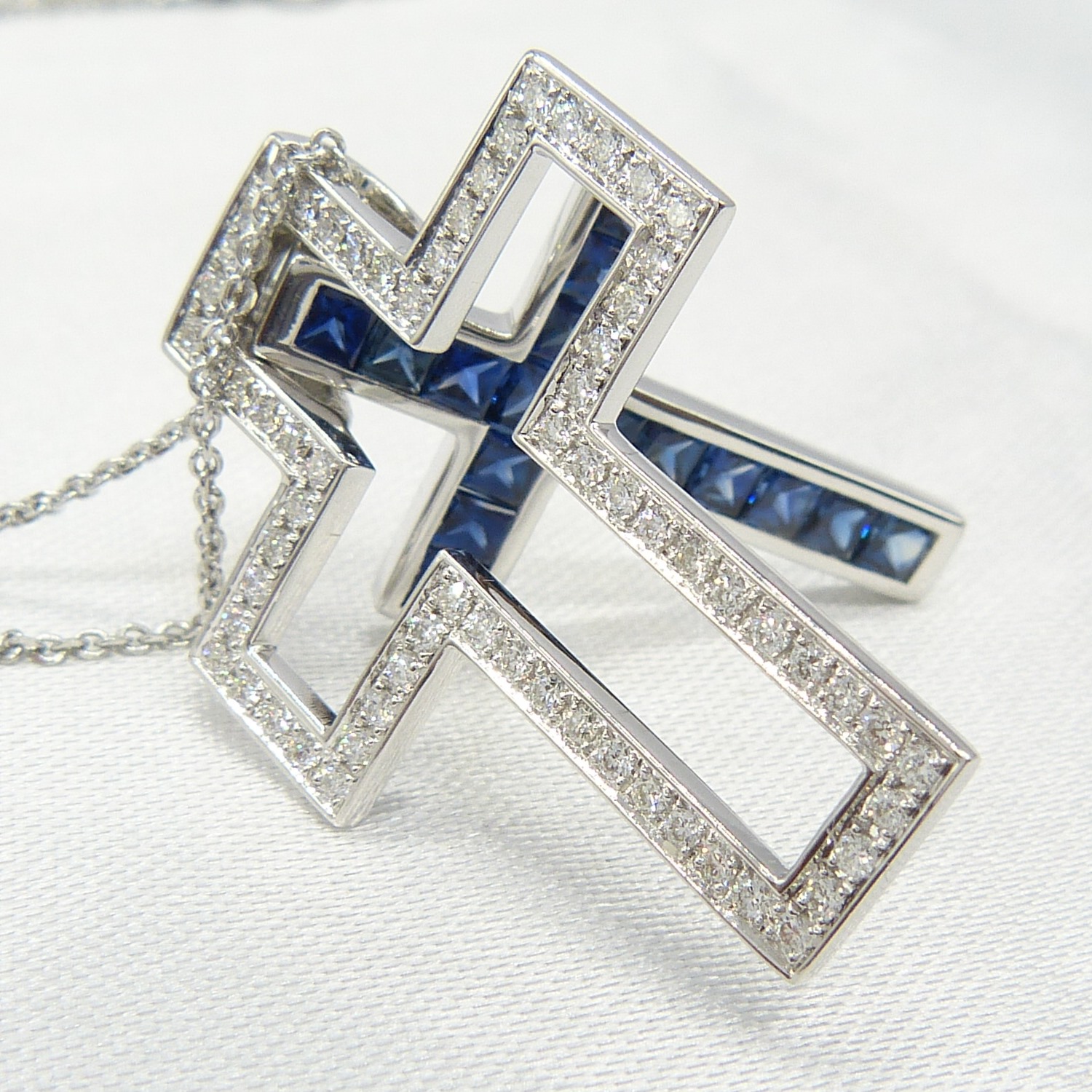 18ct white gold two-piece sapphire and diamond cross pendant with chain, boxed - Image 7 of 10