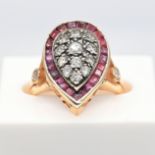 Hand-made vintage ruby and diamond tear drop ring in yellow gold