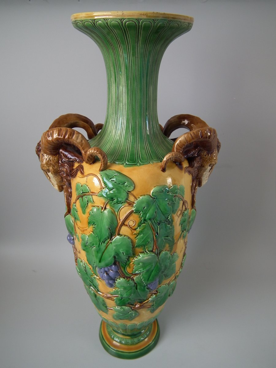Large Victorian Minton Majolica Vase with Ram head Handles - Image 3 of 18