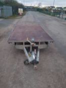 Indespension 12ft twin axle braked flatbed trailer.