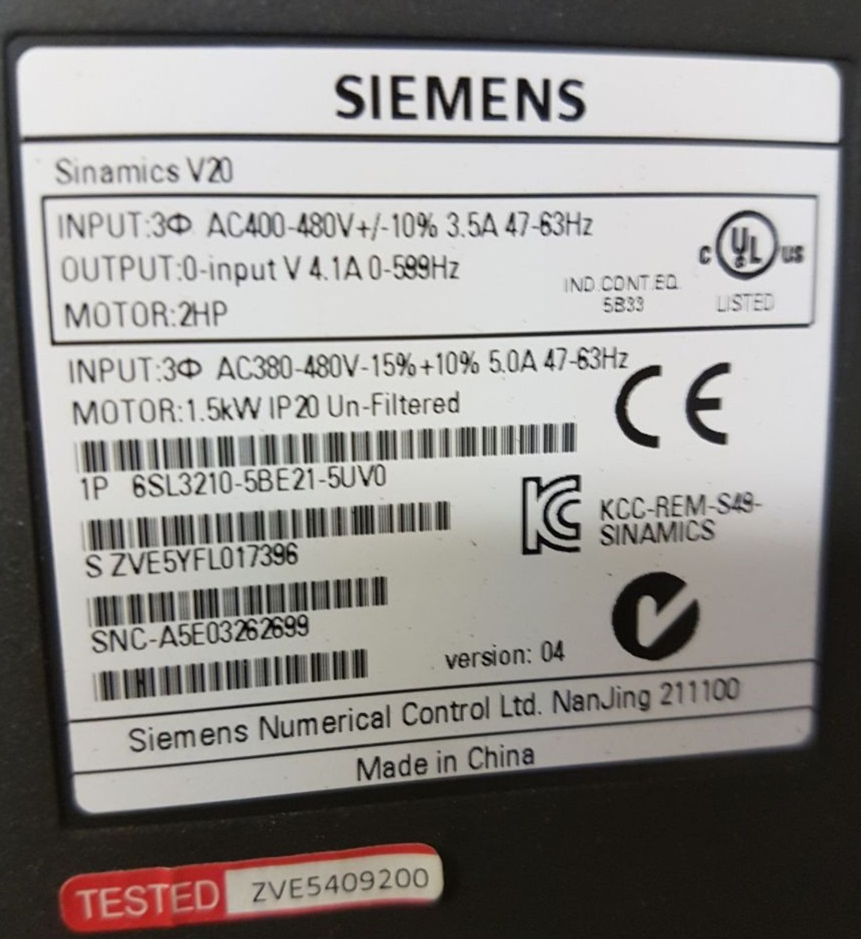 1 x 1.5kW Siemens Sinamics V20 inverter - Image 2 of 2