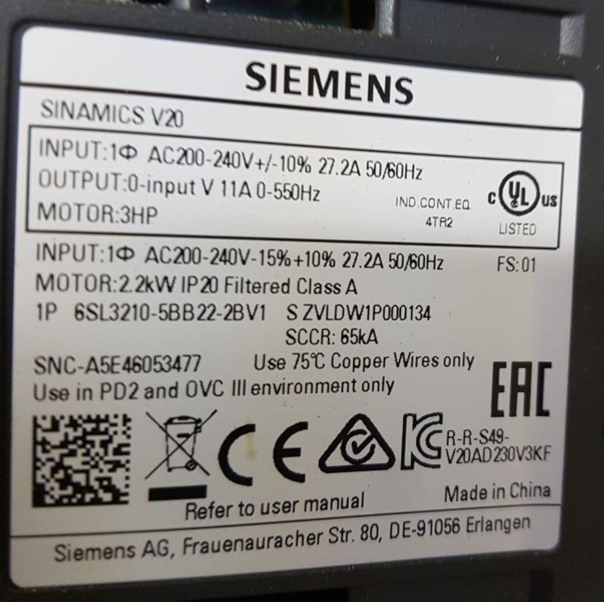 1 x 2.2kW Siemens Sinamics V20 inverter - Image 2 of 2