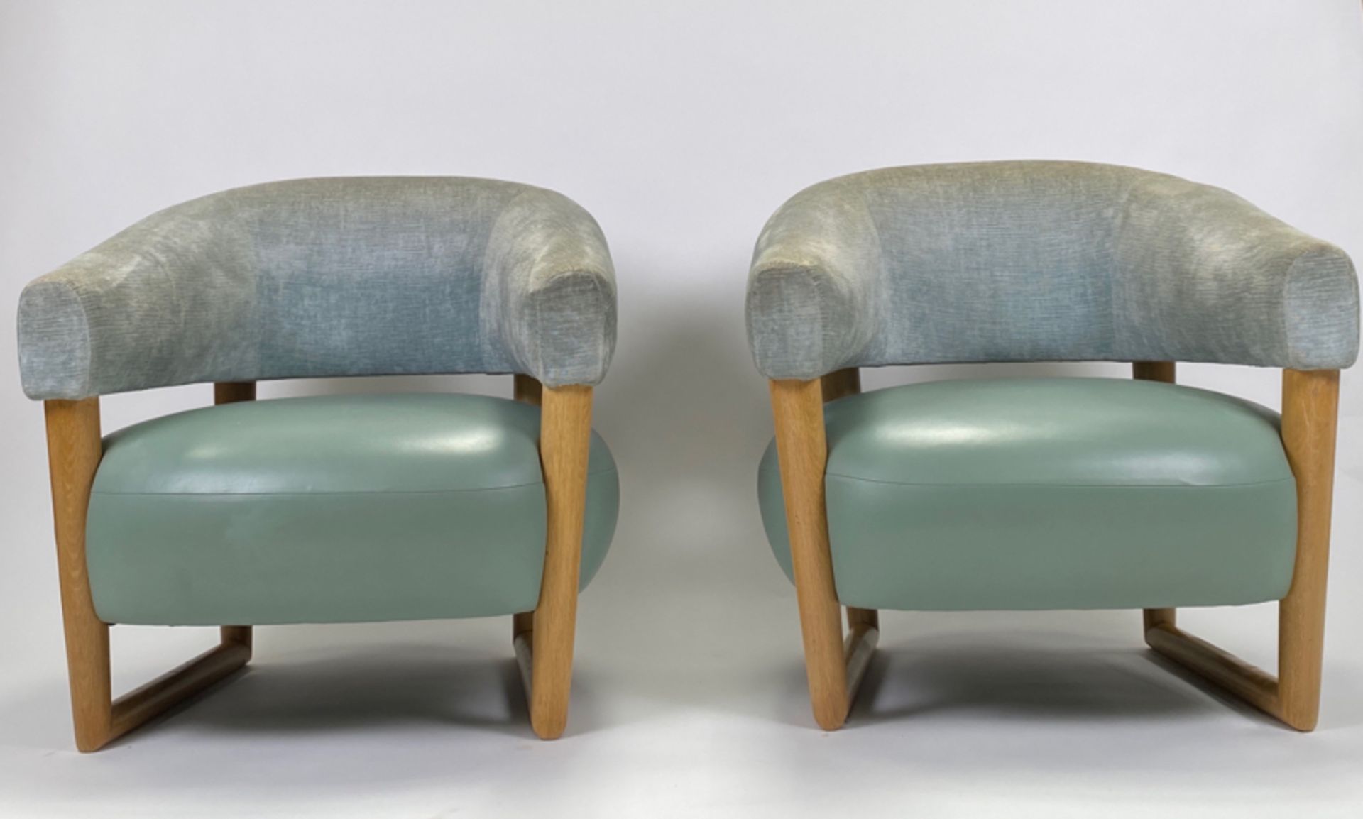 Pair of Teal Leather Lounge Chairs with Pouffes - Bild 4 aus 8