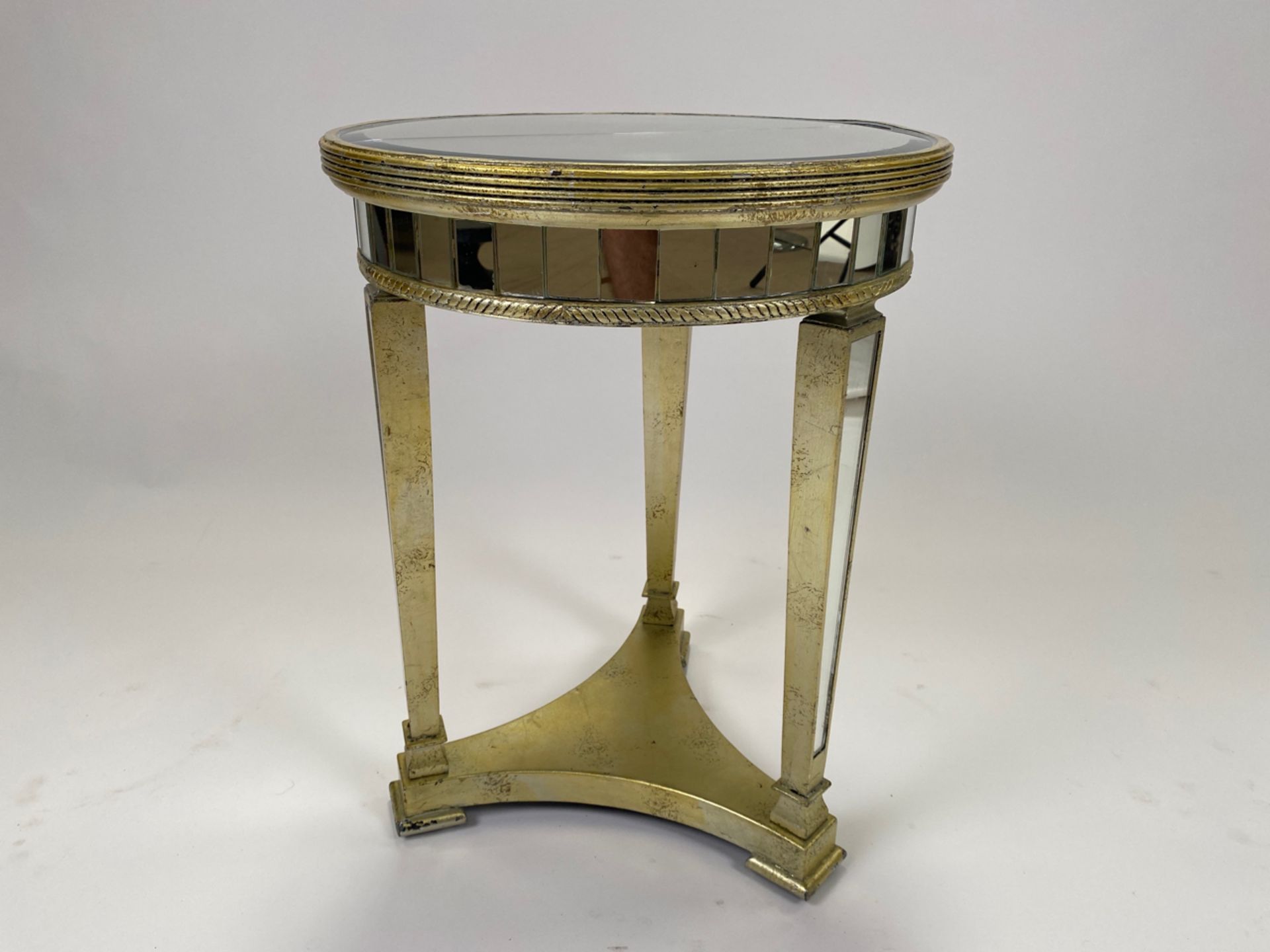 Art Deco Mirrored Pedestal Round Side Table Antiqued Ribbed
