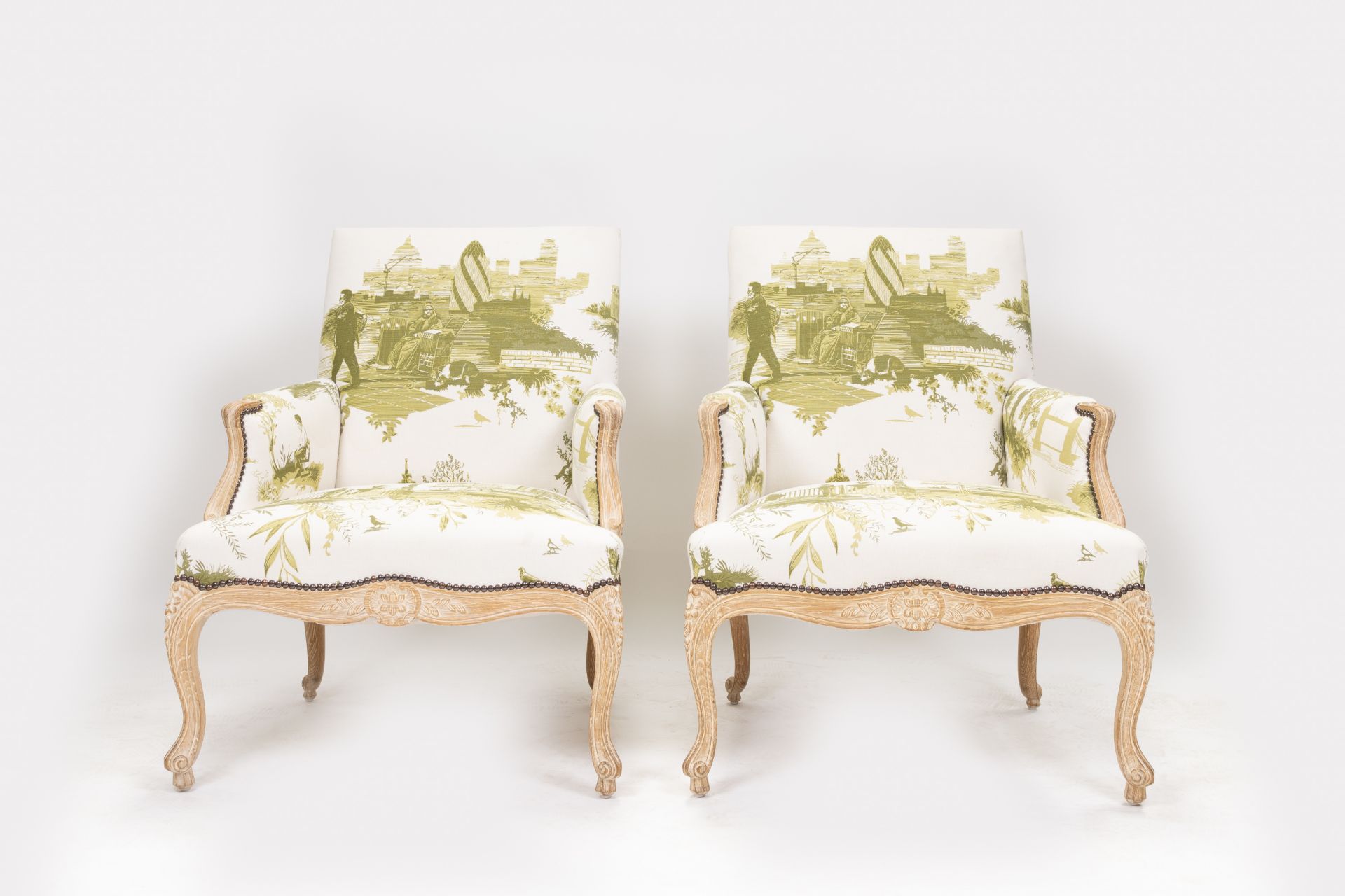 Pair of Victorian Style Armchairs In The Style of Louis XV Period In Fabric Depicting Modern Londern