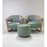 Pair of Teal Leather Lounge Chairs with Pouffe