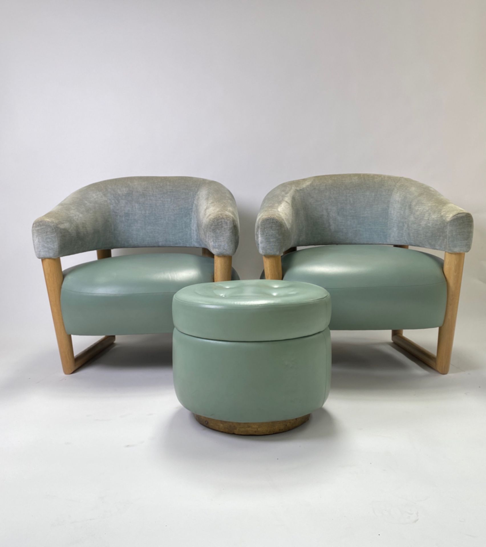 Pair of Teal Leather Lounge Chairs with Pouffe