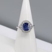 Certificated 18ct white gold sapphire and diamond cluster ring, with certificate