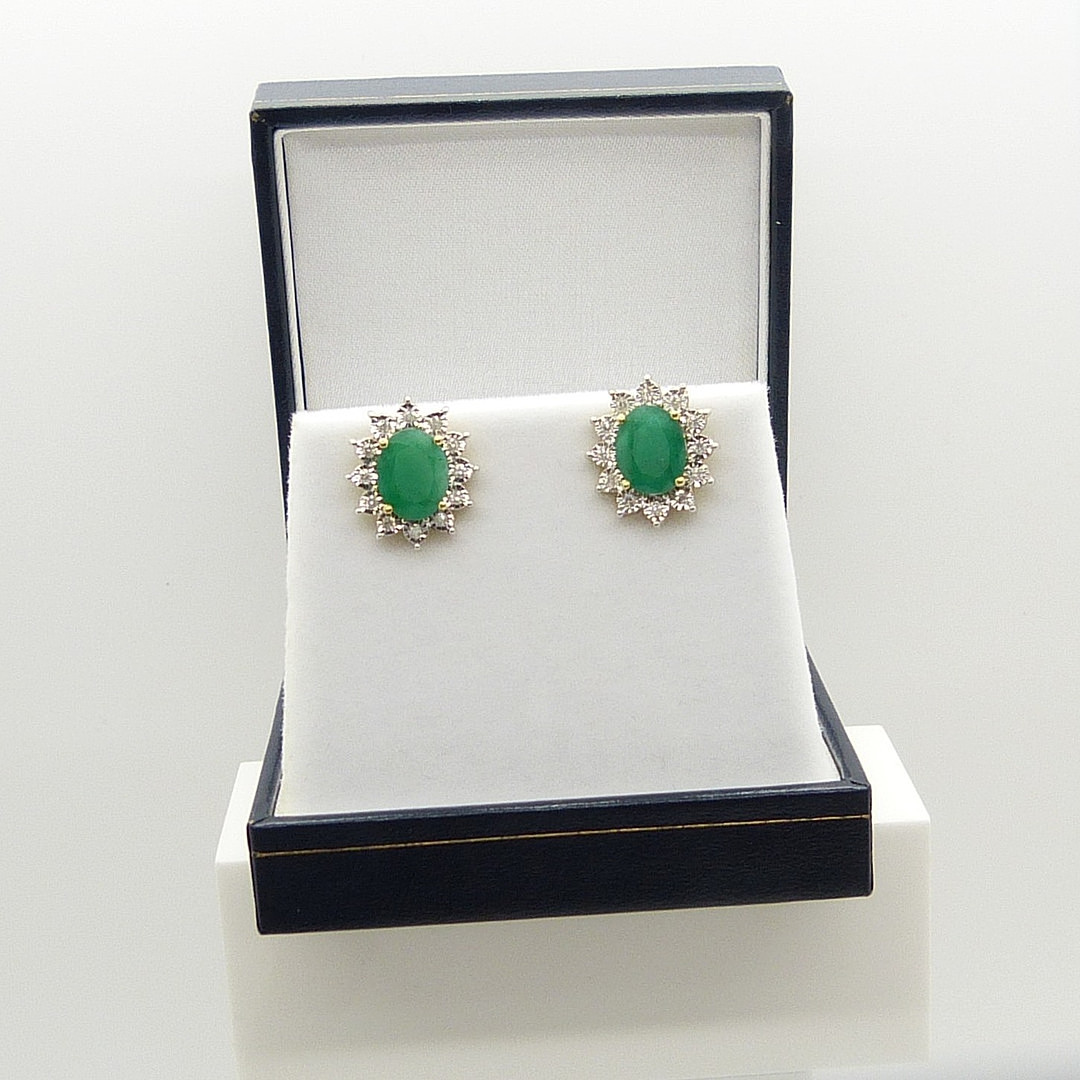 Emerald and diamond oval cluster earrings with butterfly backs, in yellow gold. - Image 3 of 7