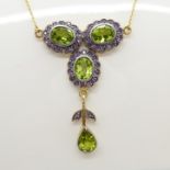 Vintage styled clover necklace set with peridots and amethysts, with gift box