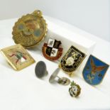 Collection of costume jewellery including cufflinks, pendant and badges, some enamelled.