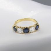 Victorian, antique 18ct yellow gold 5-stone ring set with sapphires and diamonds, with certificate.