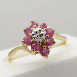 Lozenge-shaped yellow gold ruby and diamond dress ring