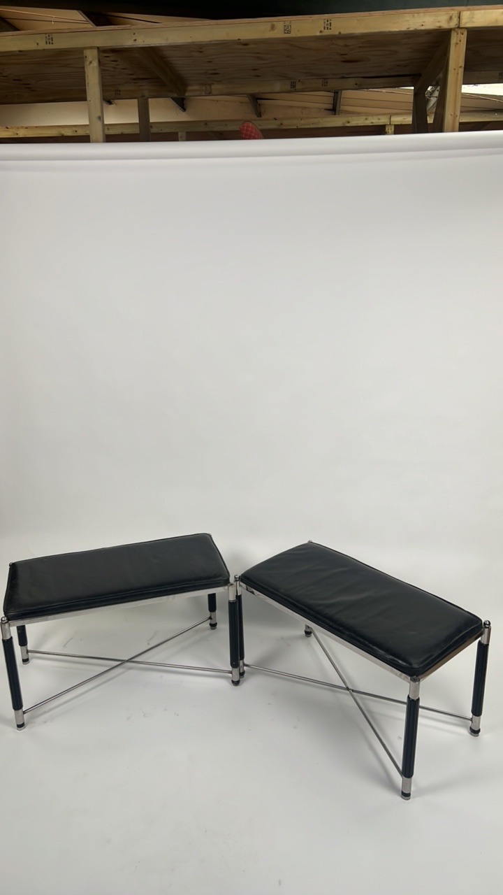 A Pair of Metal & Faux Leather Benches