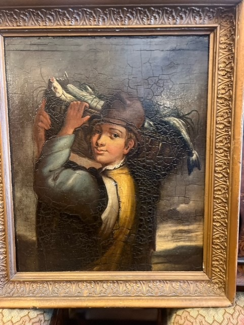 Oil painting on board in a gilt frame, showing a young boy with a basket of fish on his shoulder. - Image 2 of 9
