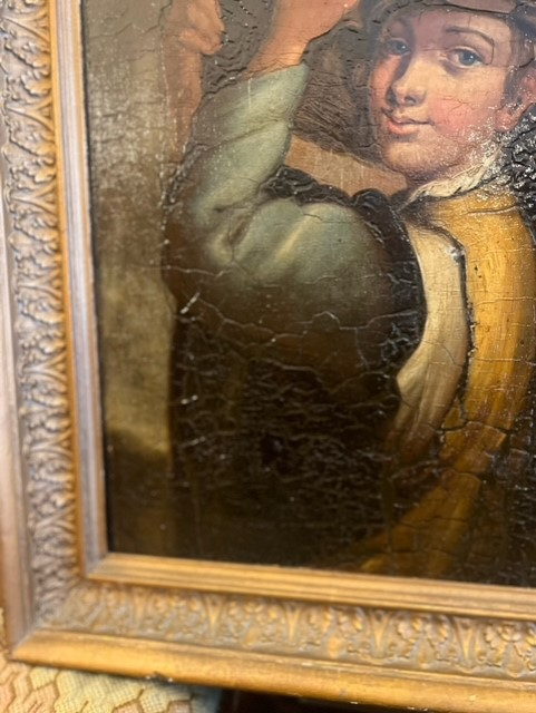 Oil painting on board in a gilt frame, showing a young boy with a basket of fish on his shoulder. - Image 6 of 9