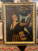 A C19th copy of titians girl with a basket, oil on canvas in a painted carved wooden frame