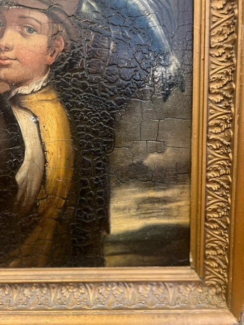 Oil painting on board in a gilt frame, showing a young boy with a basket of fish on his shoulder. - Image 5 of 9