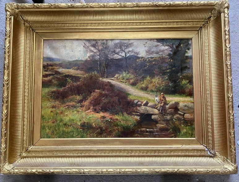Large Signed oil painting depicting boy with his dog fishing in a stream by Chisholm Cole 1871-1902 - Image 3 of 3