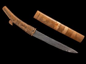 c1700 Japan Hira Zukuri Tanto with Ainu Carved Fittings