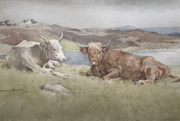 John Murray Thomson, Watercolour. 'Highland Longhorn Cattle'