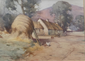 Robert Russell Macnee signed watercolour, 'Haystacks in Farmyard'