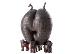 c1880 Burmese Carved Coco de Mer on Chinte & Elephants