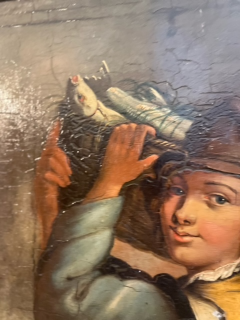Oil painting on board in a gilt frame, showing a young boy with a basket of fish on his shoulder. - Image 3 of 9