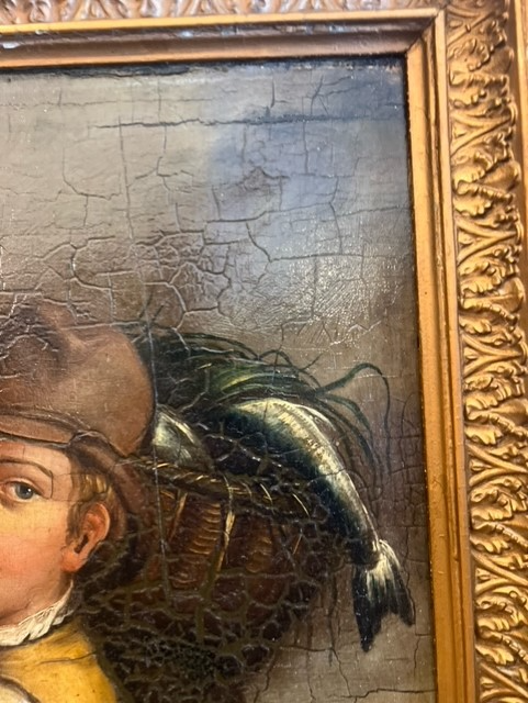 Oil painting on board in a gilt frame, showing a young boy with a basket of fish on his shoulder. - Image 4 of 9