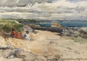 'Playing in the dunes' watercolour by Scottish artist John Maclauchlan Milne (1886-1957 A.R.S.A, R.S