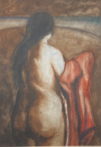 'Red Robe' signed original watercolour by Gordon Brown (Scottish contemporary artist)