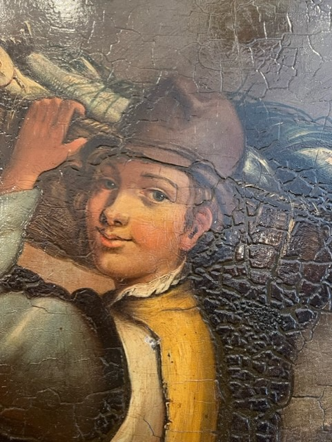 Oil painting on board in a gilt frame, showing a young boy with a basket of fish on his shoulder. - Image 9 of 9