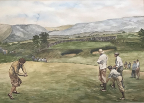 Original signed watercolour by V Greene British artist, Golf interest 10th hole at Gleneagles