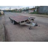 Indespension 12ft twin axle braked flatbed trailer.