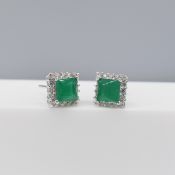Pair Of Silver Square-Set Green & White Cubic Zirconia Ear Studs