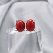 Pair Of Natural Cabochon Red Coral Ear Studs In Silver, With Butterfly Backs